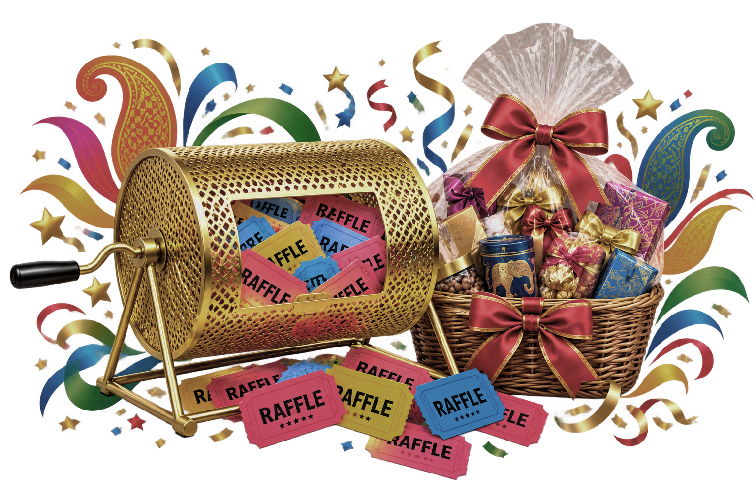 Indiafest raffle tickets and gift basket illustration